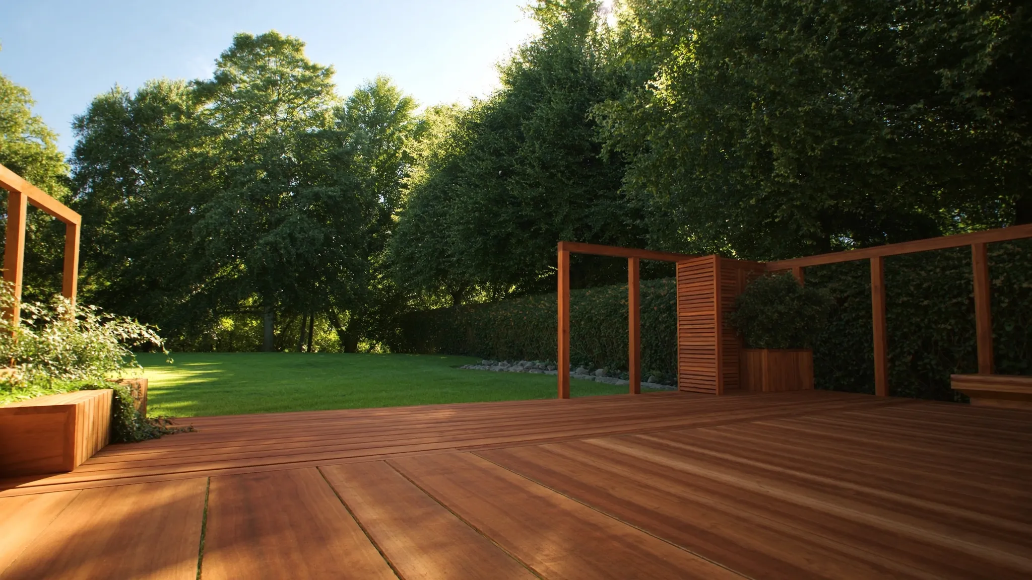 A sunny backyard deck in the late afternoon