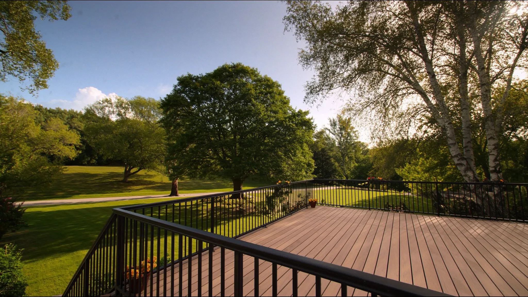 A sunny backyard deck on a bright afternoon